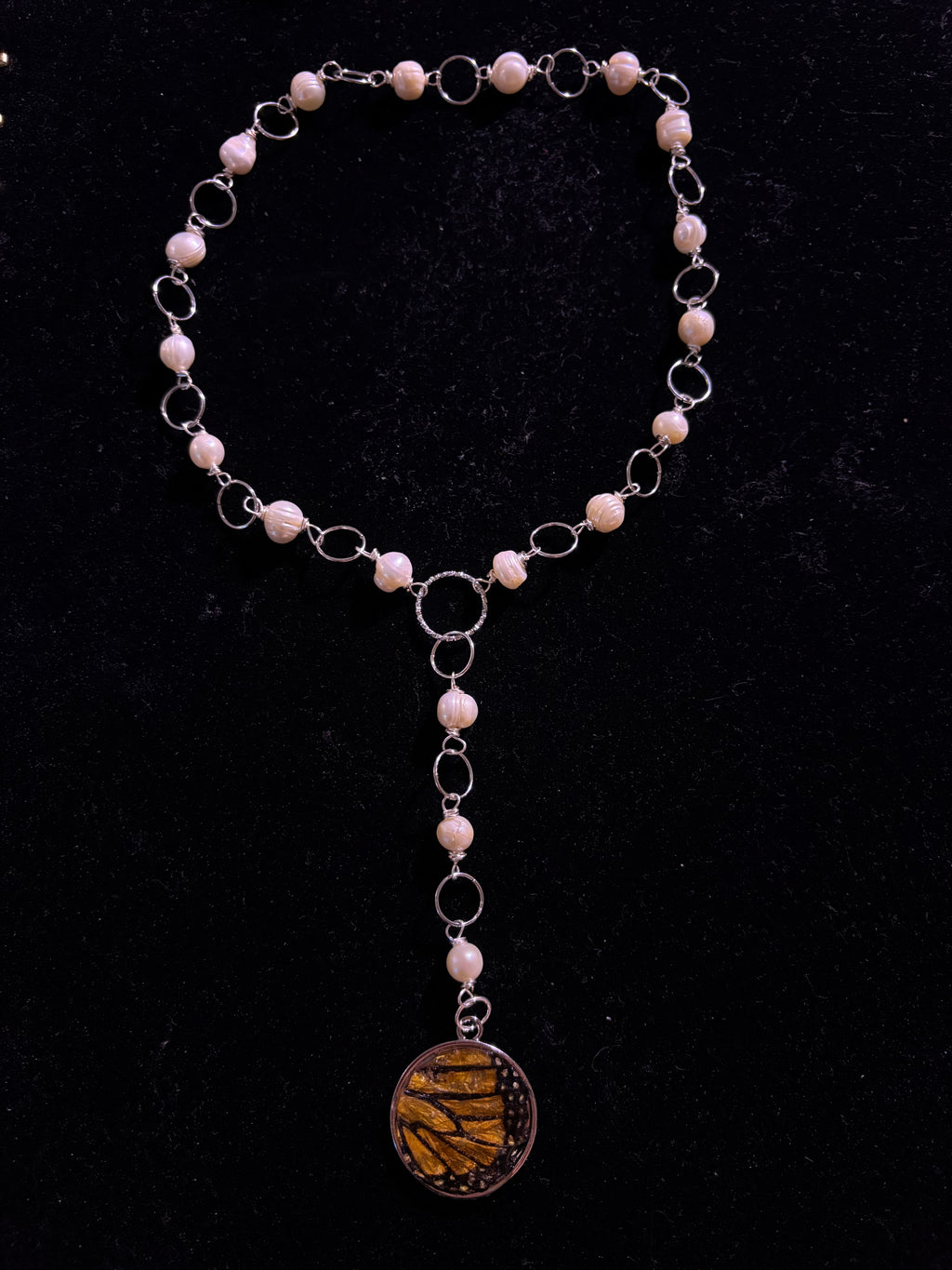 Genuine monarch wing pearl necklace