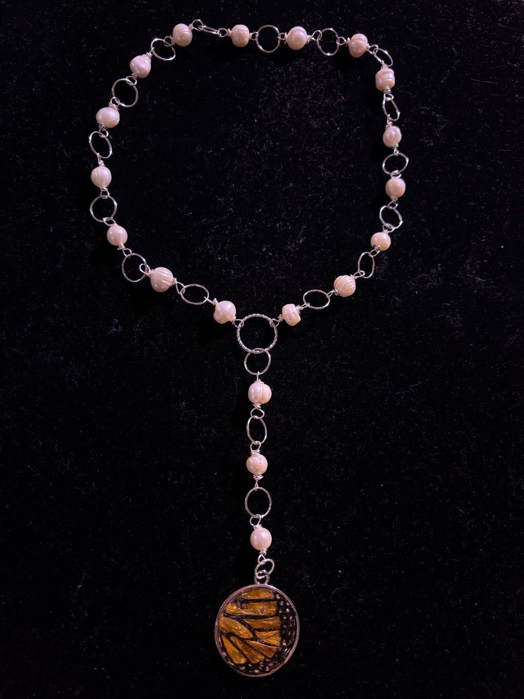 Genuine monarch wing pearl necklace