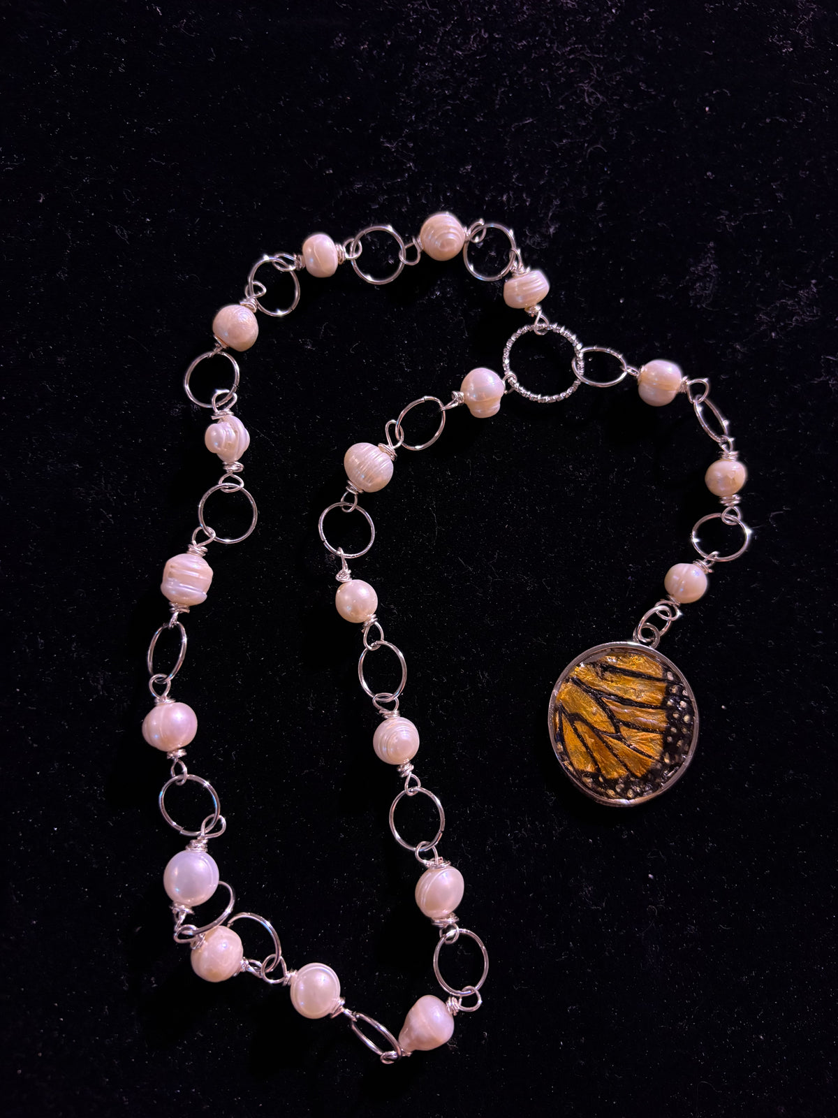Genuine monarch wing pearl necklace