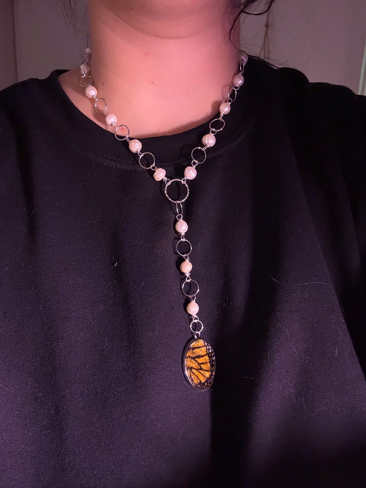 Genuine monarch wing pearl necklace